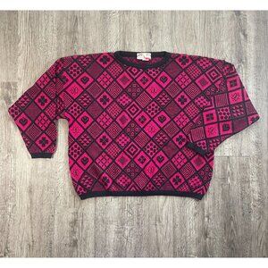 VTG 80s 90s Colors by Brooks Magenta Black Knit Cropped Pullover Sweater Sz Lrg
